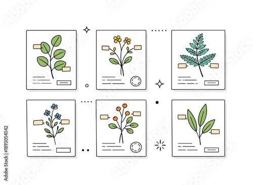 Botanical Flat Lay. Botanical specimen flat lay. Top view of several specimen sheets laid out evenly, pressed leaves and stems forming a quiet rhythm. Natural