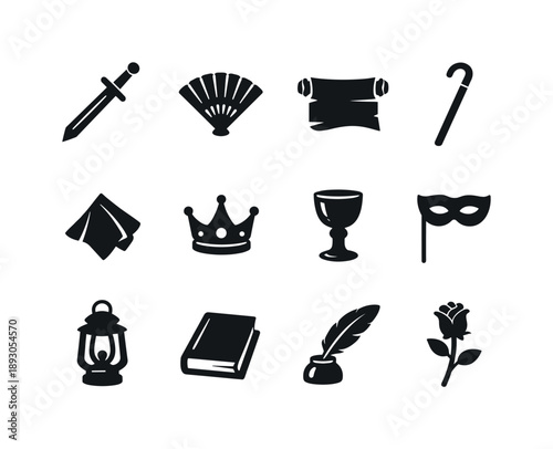Props and Accessories Icons. Props and accessories. Solid icon set of Props and accessories: sword prop, fan prop, scroll prop, cane prop, handkerchief, crown