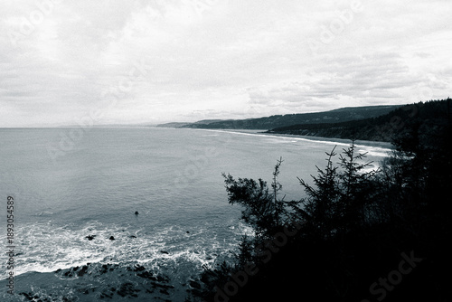 Black and white coastal cliffs and ocean near Eureka, Northern California