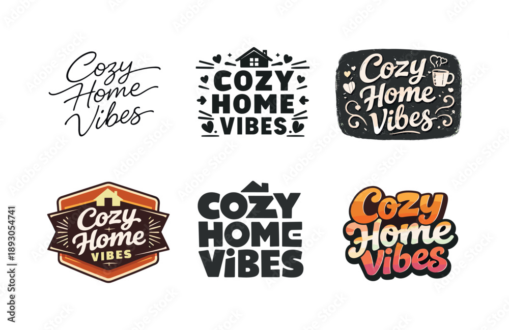 Fototapeta premium Cozy Typography Variations. Cozy home vibes lettering. Set lettering. harmonious lettering variations of the same emblematic concept, each with different