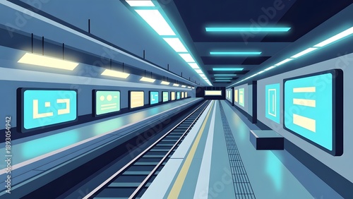 Futuristic subway station interior rendered in 3D with blue neon lighting, cinematic perspective and digital illustration style