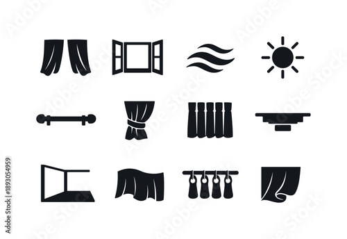 Airy Curtain Icons. Airy Home Curtains. Solid icon set of Airy Home Curtains: lightweight curtain, open window, airflow lines, sunlight rays, curtain rod,