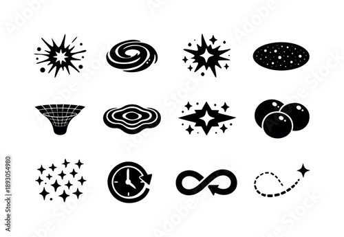 Universe Icon Grid. Universe icons. Solid icon set of Universe icons: big bang symbol, galaxy formation, star birth, cosmic microwave background, space-time