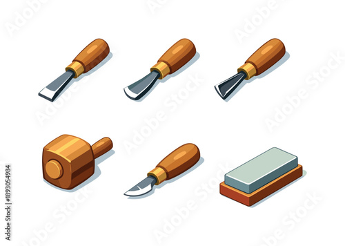 Wood Carving Tools. Wood carving tools. Isometric flat vector icons set of wood carving tools: carving chisel, wood gouge, V-parting tool, wooden mallet,