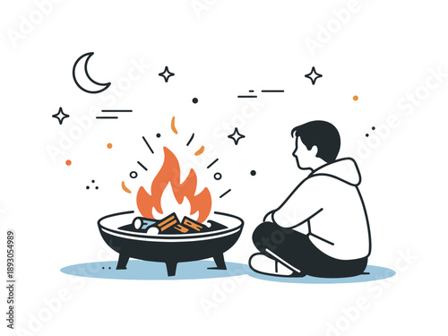 Reflective Firelight Moment. Quiet moment by the fire pit. A single person sitting close to a fire pit, watching the flames and reflecting in silence. Calm,