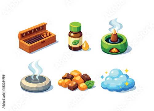 Aromatherapy Icon Grid. Aromatherapy. Isometric flat vector icons set of Aromatherapy: incense storage box, essential oil vial, incense cone burner, aroma