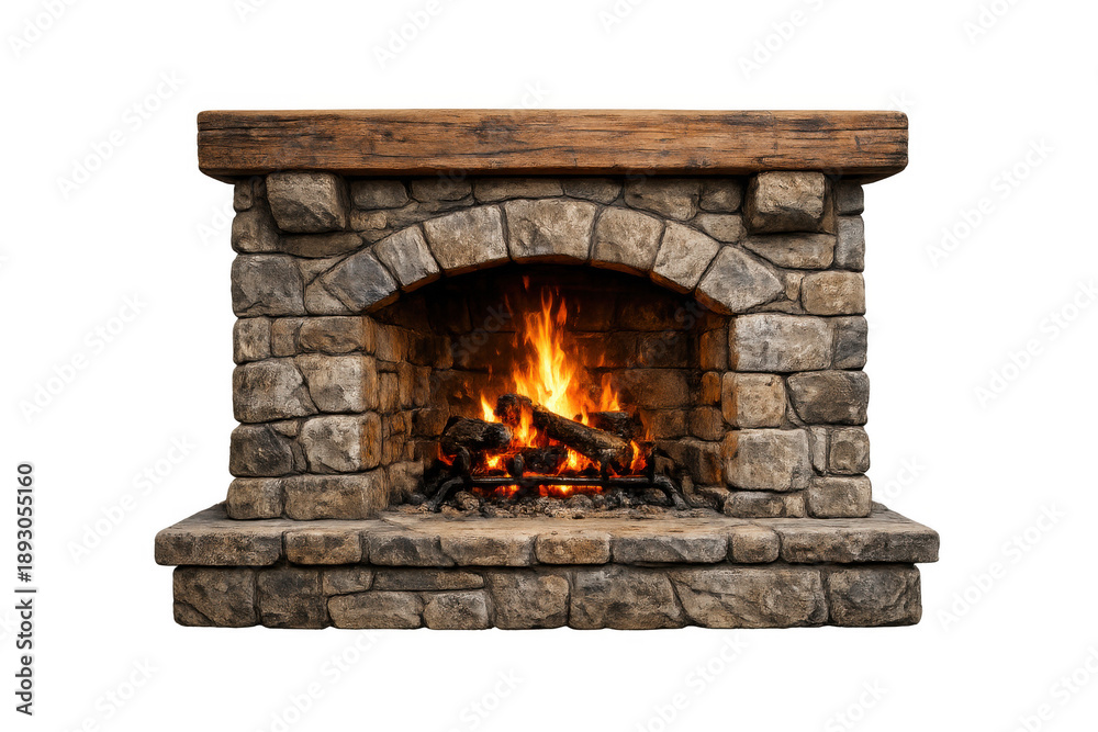 Fototapeta premium Rustic stone fireplace with a burning fire, offering warmth and a cozy atmosphere, featuring a wood mantel on transparent background