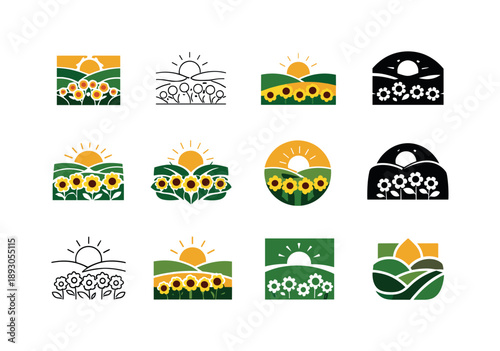 Sunflower Logo Variations. Field of sunflowers. Icon set. Set Logo of field of sunflowers: countryside sunflower meadow. harmonious logo variations of the same