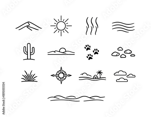Desert Icon Set. Desert Warmth. Line icon set of Desert Warmth: sand dune ridge, blazing sun, heat waves, wind ripple sand, cactus silhouette, desert horizon,