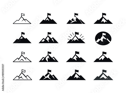 Adventure Logo Variations. Adventure seeking. Icon set. Set Logo of Adventure seeking: mountain peak with flag. harmonious logo variations of the