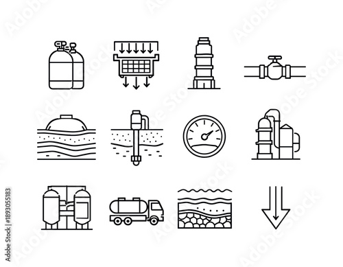 Carbon Capture Icons. Carbon capture. Line icon set of carbon capture: CO2 tank, capture filter, absorption tower, pipeline capture, carbon storage icon,