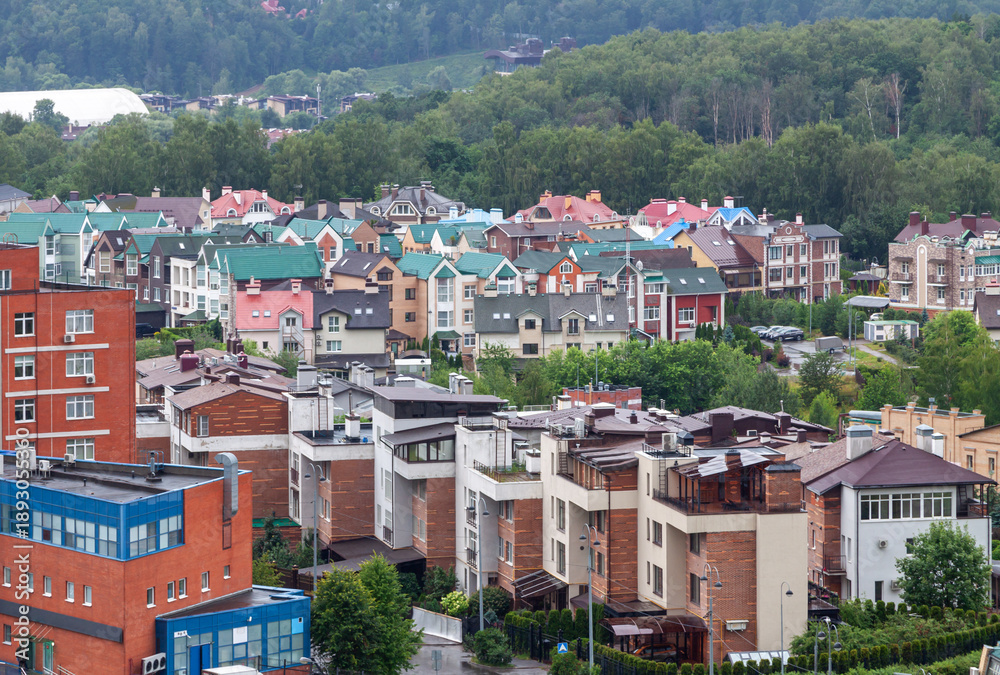 Fototapeta premium Eco friendly suburban housing area surrounded by forest