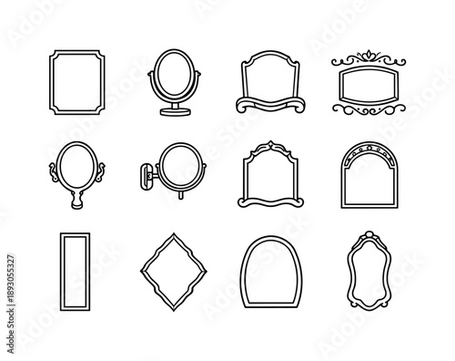Elegant Mirror Icons. Elegant Mirror Decor. Line icon set of Elegant Mirror Decor: framed mirror silhouette, tabletop vanity mirror, curved base frame,