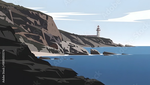 Coastal cliffs with lighthouse along rocky shore - stylized vector seascape illustration