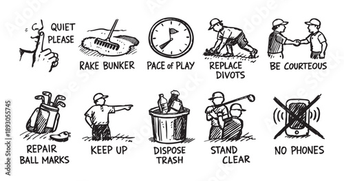 Black and white cartoon illustration showing various golf course etiquette rules, like replacing divots, being quiet, disposing of trash, and not using cell phones.