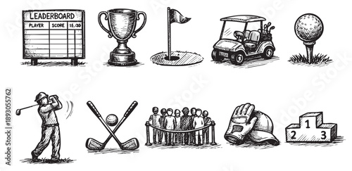 Hand-drawn vector illustration featuring golf related objects such as a leaderboard, trophy, golfer, golf ball, podium, crowd, and more. Perfect for presentations or backgrounds.