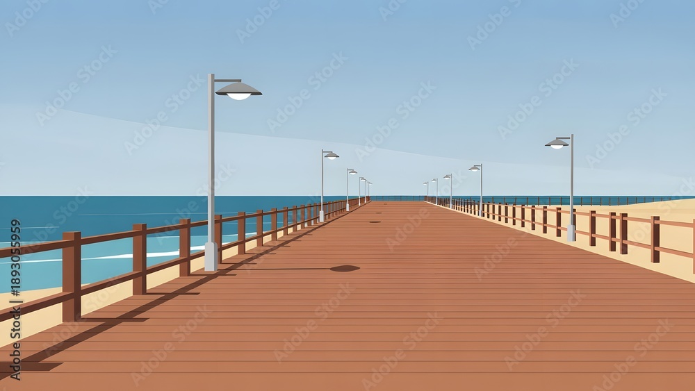 Naklejka premium Seaside boardwalk scene 3D render with sunlit wooden walkway extending to the horizon, lined with lamps