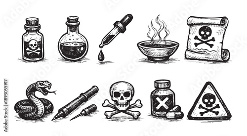 Hand-drawn style illustration featuring poison bottles, skull, snake, and sign on a white background, conveying danger, vintage, or potion concepts.