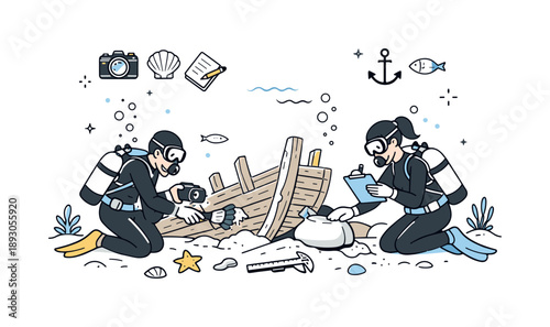 Underwater Shipwreck Restoration. Underwater shipwreck conservation. Divers gently cleaning and stabilizing ancient ship remains beneath the water, using tools