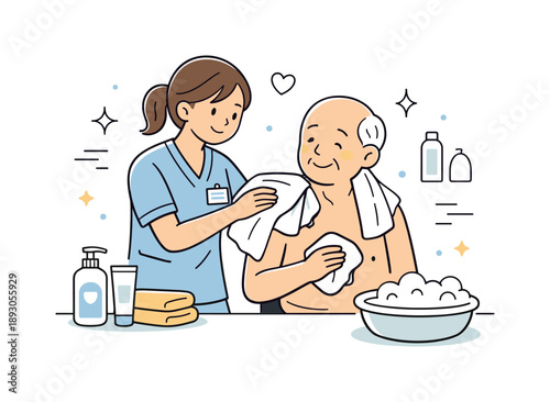 Caring Hands Smiling. Elderly hygiene assistance. A nurse helping a senior with personal hygiene tasks using towels and care products. Warm professional care
