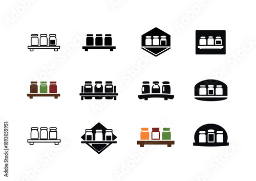 Spice Rack Icons. Spice rack. Icon set. Set Logo of spice rack: organized jars on shelf. harmonious logo variations of the same emblematic concept, each with