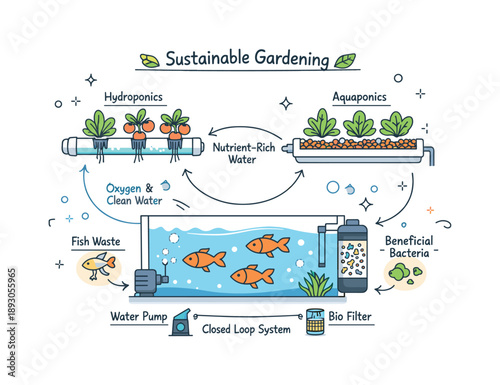 Eco-Friendly Garden Illustration. Sustainable gardening concept. A combined hydroponic and aquaponic setup shows plants, water pipes, and fish