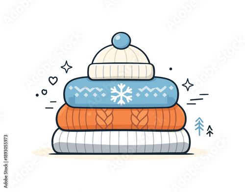Cozy Winter Knitwear. Folded winter clothing stack. Warm sweaters and knitwear carefully folded and placed one on another, expressing tidiness and comfort for