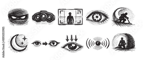 A collection of black and white sketched icons representing themes of vision, surveillance, and night, suitable for design or infographic elements.