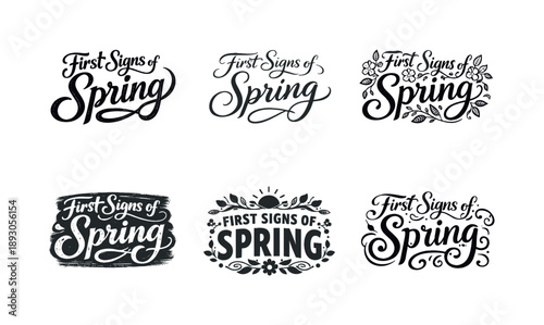 Spring Lettering Variations. First Signs of Spring. Set lettering. harmonious lettering variations of the same emblematic concept, each with different artistic