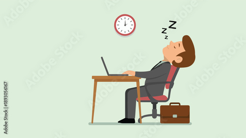 Tired businessman sleeping at his office desk for work burnout, exhaustion, and overtime stress concept.
