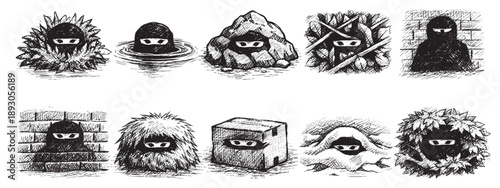 Ink illustration of ten camouflaged ninjas hiding in diverse locations like water, rocks, leaves, box, bricks, and grass, sketched in a graphic novel style.