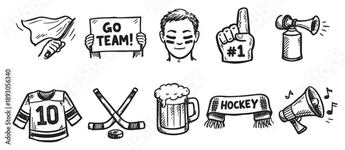 Hand-drawn illustration features a collection of hockey game fan objects including jersey, sticks, puck, scarf, megaphone, beer, fan face, and noise makers.