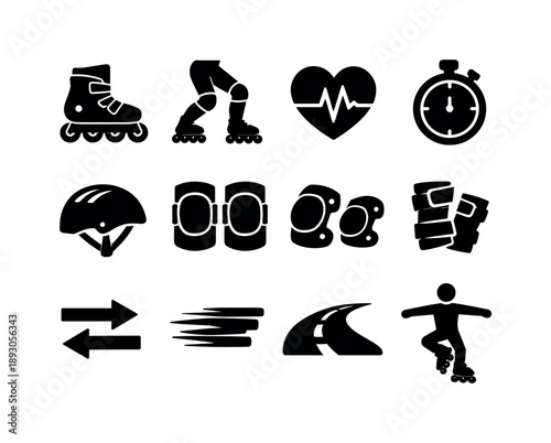 Fitness Skating Icons. Fitness Skating. Solid icon set of Fitness Skating: inline skates, athletic legs, heart rate icon, timer clock, helmet, knee pads, elbow