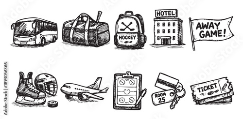 Hand-drawn style illustration of hockey travel icons including bus, skates, hotel and tickets, perfect for social media and promotion.