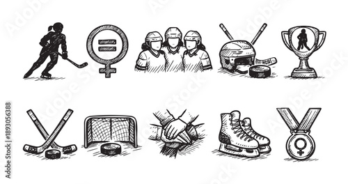 Hand-drawn vector illustration icon set of women's hockey equipment, team, player, and equality symbols isolated on a white background. This image promotes empowerment and teamwork.