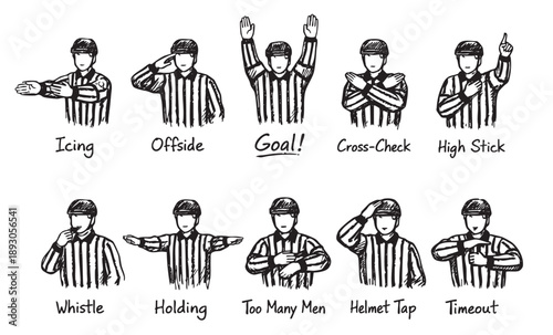 Graphic black and white sketch displays multiple hockey referee signals, including goal, offside, icing, and other common penalties. Perfect for sports articles or educational materials.