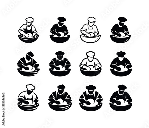 Baker Logo Series. A baker kneading dough by hand on a flour-covered surface. Icon set. Set Logo of a baker kneading dough by hand on a flour-covered surface: