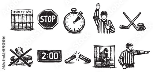 Black and white sketch icons showcase different hockey penalties and rules, making it ideal for illustrating sports articles or educational content about ice hockey.