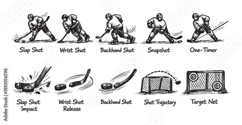 A collection of sketched illustrations depicting various hockey shot techniques, including slap shot, wrist shot, and backhand shot, along with shot trajectory and target net details.