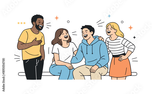 Joyful Friends Gathering. Friends laughing together overview. A calm editorial scene showing a group of friends sitting or standing together, sharing a hearty