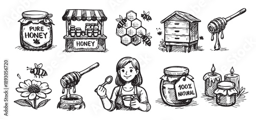 Hand-drawn monochrome illustrations of honey-related elements, including honey jars, bees, honeycombs, and a beekeeper, perfect for organic food packaging or market designs.