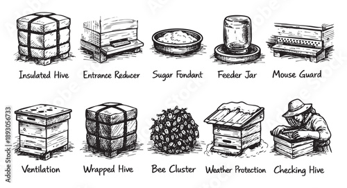 Hand-drawn sketch of diverse beehive components including insulated hives, bee clusters, and protective gear on white background, ideal for educational resources.