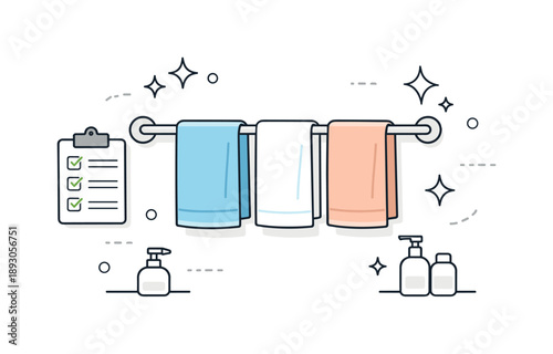 Tidy Towel Arrangement. Towel rack bar organization. A tidy bathroom scene with towels evenly spaced on a rack bar, small checklist and sparkle icons