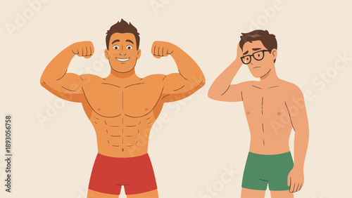 Muscular bodybuilder flexing next to thin weak man for fitness comparison, bodybuilding goals, and self-confidence concept.