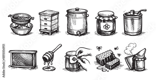 Hand-drawn style illustration shows the honey production process from beehive to jar, including filtering, storage and harvesting with smoker.