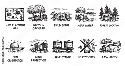 Hand-drawn sketch illustrates apiary hive placement, including location details, sun orientation, wind protection, accessibility, and pesticide-free environment, useful for beekeeping guides.