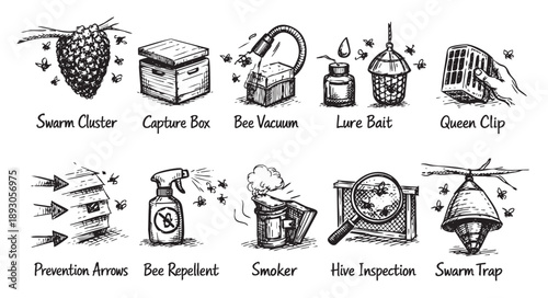 Hand-drawn style line art sketches illustrating beekeeping equipment like swarm traps, bee vacuums, and smoker for beekeeping and apiary management.