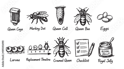 Hand drawn sketch showing queen bee life cycle, including cage, eggs, timeline, and royal jelly, isolated on white, ideal for beekeeping education.