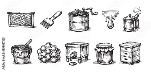Hand drawn sketch of beekeeping equipment on a white background, including a honey extractor, smoker, and beehive, conveying a rustic and artisanal feel.