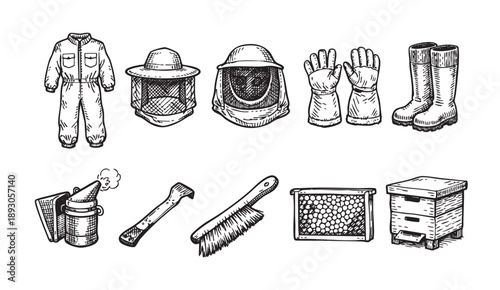 Hand-drawn vector illustration featuring beekeeping equipment, including a suit, hats, gloves, boots, a smoker, a brush, a hive tool, a frame, and a beehive on a white background.